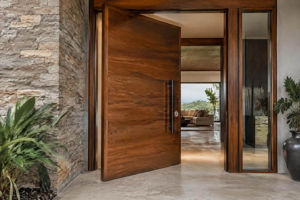 Timber interior door with a matching frame and brushed hardware