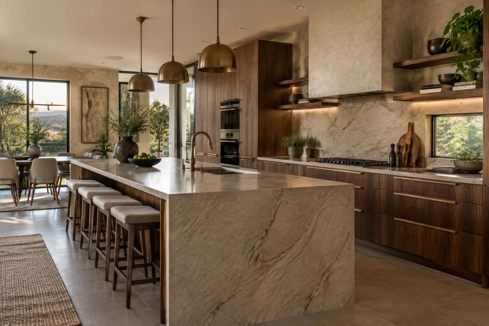 Timber kitchen cabinets with a stone worktop and pendant lights