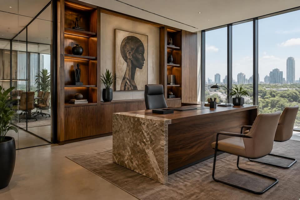 Executive office with timber joinery and city views