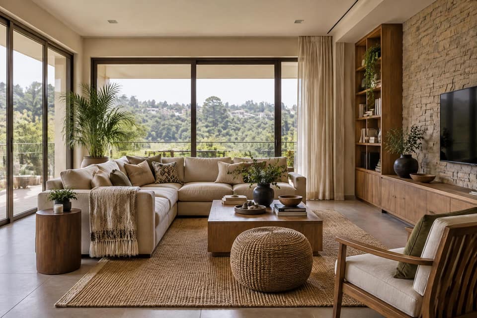 Living room with natural textures and built-in storage