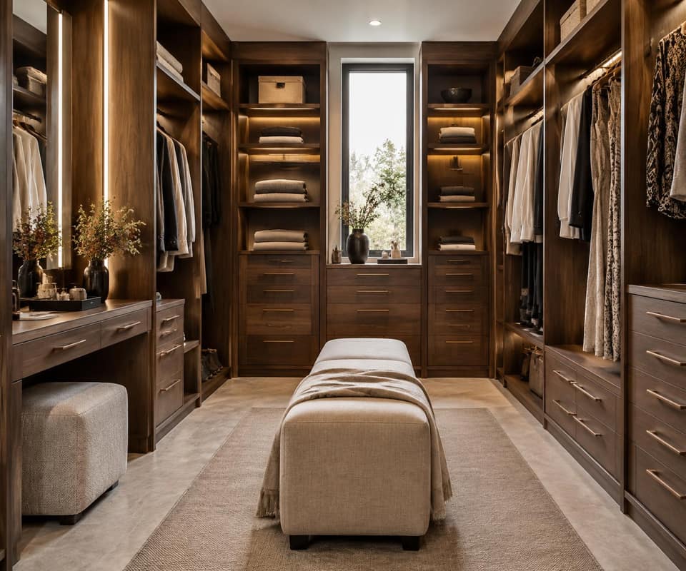 Floor-to-ceiling timber wardrobe with open shelving