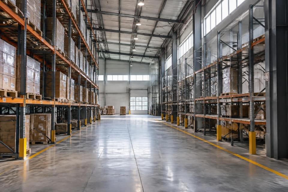 Warehouse interior with organised shelving and clear aisles